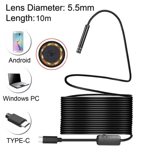 AN97 USB-C / Type-C Endoscopio Impermeabile IP67 Telecamera di ispezione del tubo con 8 LED e adattatore USB, Lunghezza: 10 m, Diametro obiettivo: 5,5 mm