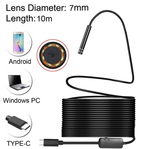 AN97 USB-C / Tipo-C Endoscopio Impermeabile IP67 Telecamera di ispezione del tubo con 8 LED e adattatore USB, Lunghezza: 10 m, Diametro obiettivo: 7 mm