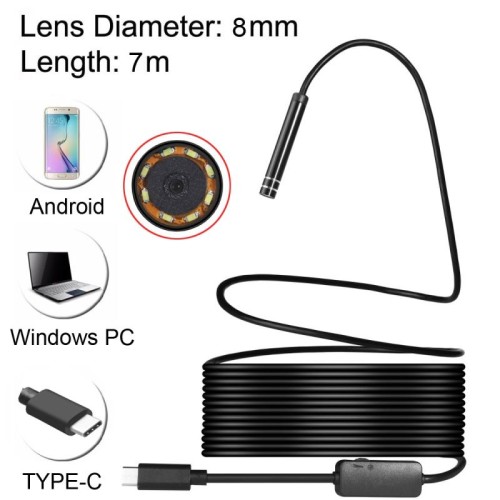 AN97 Telecamera di ispezione tubo impermeabile per endoscopio USB-C / Type-C con 8 LED e adattatore USB, lunghezza: 7 m, diametro lente: 8 mm