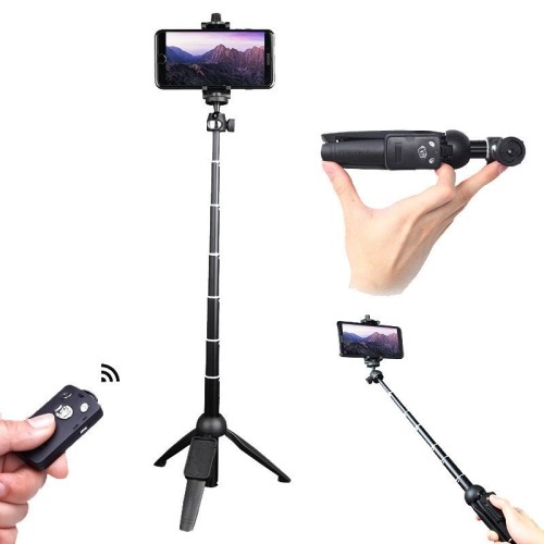 YUNTENG 9928 Treppiede con asta per selfie per telefono cellulare con telecomando Bluetooth (20-100 cm nero)