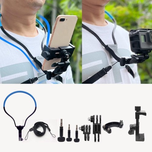 TUYU Supporto per fotocamera da collo Supporto per fascia toracica per telefono cellulare per riprese video//POV, specifiche: verticale + clip per telefono (blu)