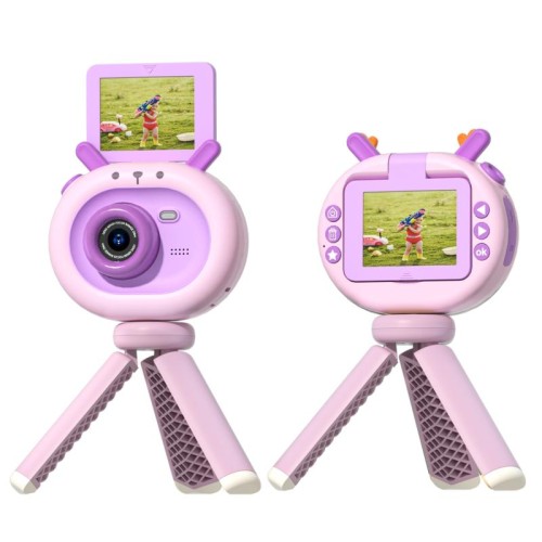 S2 Fotocamera digitale per bambini con schermo ribaltabile da 180 gradi 1080P HD da 2,4 pollici con supporto (viola)