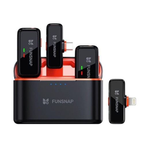 Microfono wireless Lavalier FUNSNAP S6, 2 RX + 2 TX con custodia di ricarica