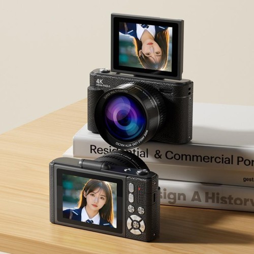 Fotocamera digitale retrò V5 da 64 MP, registrazione 4K, schermo orientabile a 180°, stile: obiettivo piccolo (nero)