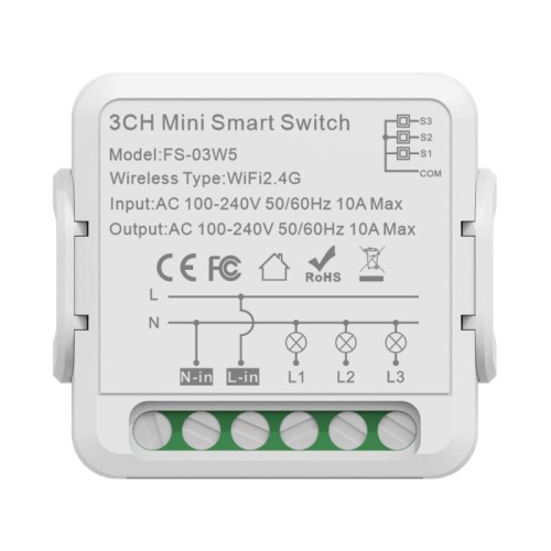FS-03W5 Interruttore intelligente Wi-Fi+Bluetooth 10A a 3 canali con timer vocale per Amazon Alexa / Assistente Google