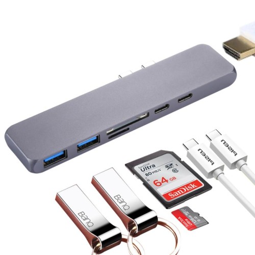 Doppio adattatore HUB USB-C / Type-C in lega di alluminio multifunzione con HDMI femmina e 2 porte USB 3.0 e 2 porte USB-C / Type-C, slot per scheda SD e slot per scheda TF