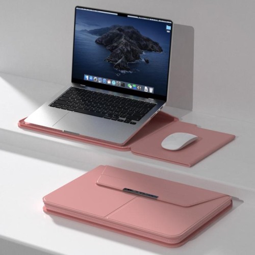 Borsa porta computer portatile multifunzionale in PU con supporto magnetico diviso e funzione tappetino per mouse, dimensioni: 15 pollici (oro rosa)