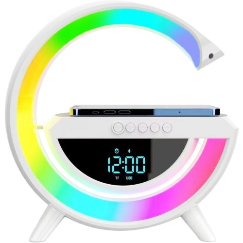 Lampada LED RGB Orologio/Radio FM/Bluetooth/AUX/scheda SD e ricarica wireless