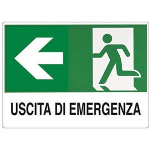 Cartello segnaletico uscita di emergenza con freccia a sinistra 30x20cm