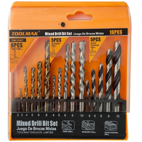 Set punte per trapano 16 pezzi - legno/metallo/muratura
