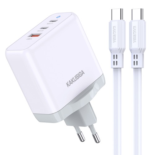 Caricabatterie rapido 65W 2 USB-C + 1 USB-A bianco con cavo Type-C 1m KSC-933