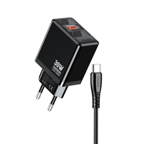 Caricabatterie ricarica rapida USB-A 30W con cavo USB-A - USB-C 1m nero JB094