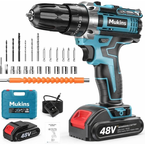 Trapano avvitatore con percussione a batteria Mukins 48V con accessori